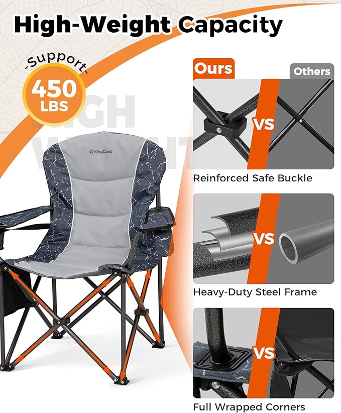 KingCamp Oversized Camping Folding Chair Heavy Duty 450 LBS with Bamboo Folding Table4-Fold Portable Camping Table with Visual Adjustable Height