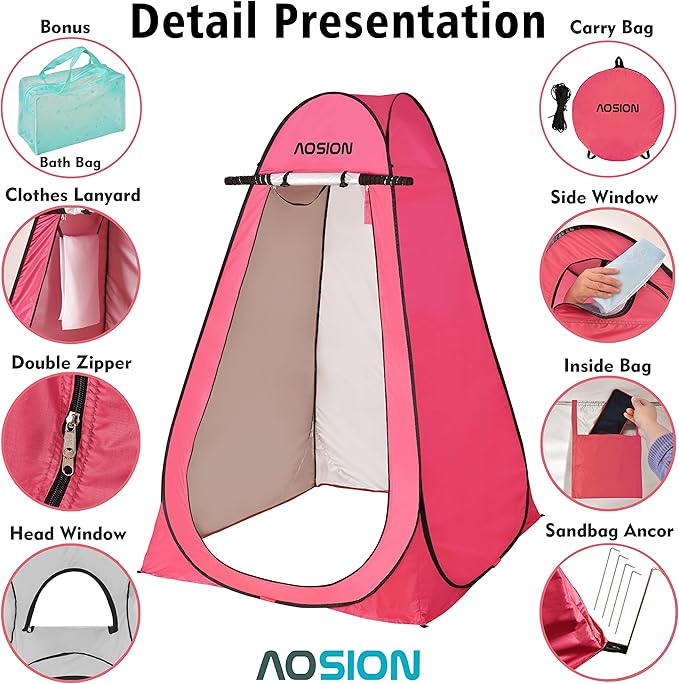 AOSION Privacy Shower TentPop Up Changing TentCamp Bathroom Changing Dressing RoomSun Sunshade Canopy Outdoor Rain Shelter for Camping Hiking Beach Picnic Fishing. (Pink)
