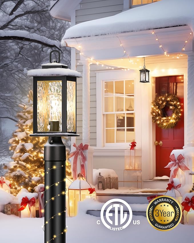 VIANIS Dusk to Dawn Outdoor Post Light Fixture with Pier Mount Base 2 Pack Waterproof Lamp Posts Outdoor Lighting Anti-Rust Aluminum Black Post Lantern Outdoor with Tempered Glass (Hardwired 120V)