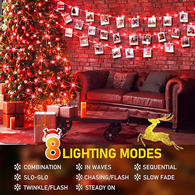 KNONEW Outdoor Christmas Lights 300 LED 99ft String Lights 8 Modes &amp Memory Fairy Light Plug in Waterproof LED String Lights for Xmas Yard Tree Wedding Party Holiday Decorations (Red)