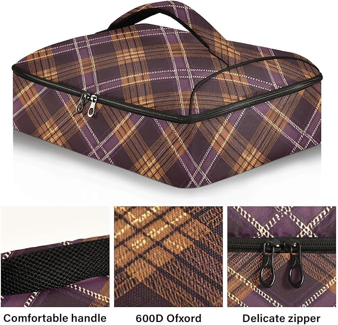 Casserole Carrier Purple Brown Tartan Print Insulated Casserole Carrier for Hot or Cold Food Thermal Lunch Tote for Parties Picnic Travel Carry Bag