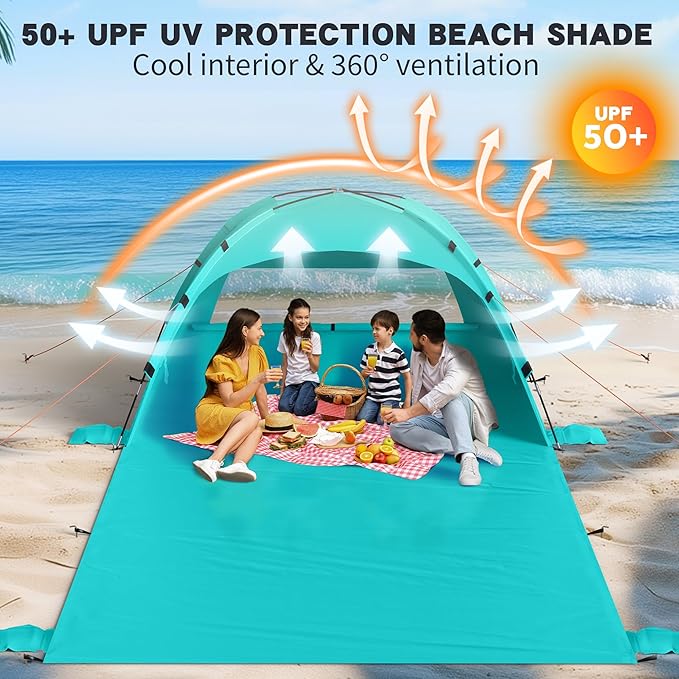 Beach Tent Sun Shelter with Extended Sand Mat 114×82inchUPF 50+ Protection 3 Double-Layer Windows for Enhanced Privacy Portable Beach Shade 3-4 People. Windproof and Waterproof