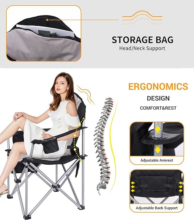Camping Chair Folding Chair Outdoor Heated Chairs Heated Camping Chairs Adjustable Chair Back with 12V 10000mAh Battery Carry Bag Cooler Bag Cup Holder and Zippered Holder (Set of 2)