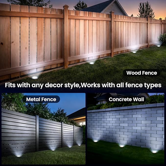 GIGALUMI Solar Ground Lights - No-Drill Fence Lighting Solution Waterproof Perimeter Lights Compatible with Wood Metal &amp Concrete Fences (12 Pack Cool White)