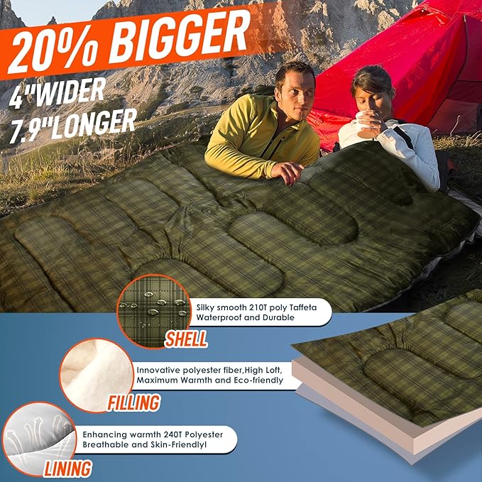 MEREZA Double Sleeping Bag for Adults Mens with Pillow XL Queen Size Two Person Sleeping Bag for All Season Camping Hiking Backpacking 2 Person Sleeping Bags for Cold Weather &amp Warm