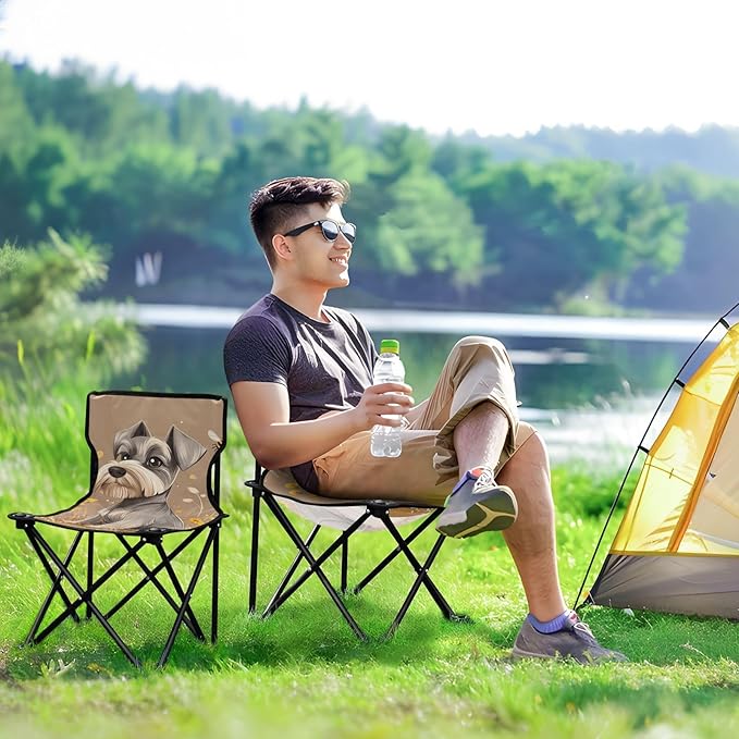 Cartoon Lovely Miniature Schnauzer Dogs Brown Collapsible Camp Chairs for Adults Heavy Duty Ultra-Lightweight Portable Chair Includes Carry Bag Ice Fishing Chair with Back for Traveling Indoor