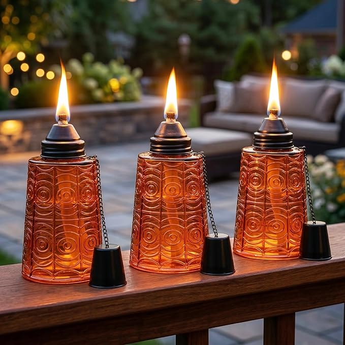 Seraphic Citronella Table Top Torches for Outdoor Patio 16oz Decorative Glass Torch Citronella Candles for Outside Deck Garden Parties Set of 3 Amber