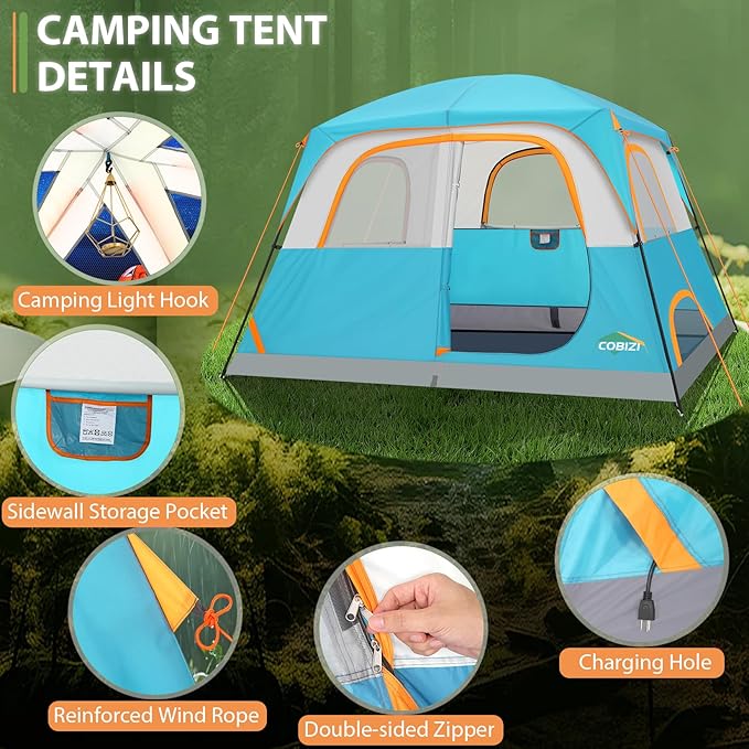 COBIZI Tents for Camping 4/6 Person Camping Tent with Rainfly and Screen Easy Setup Lightweight Portable Waterproof Outdoor Tent with Carry Bag for Backpacking Hiking Family Travel