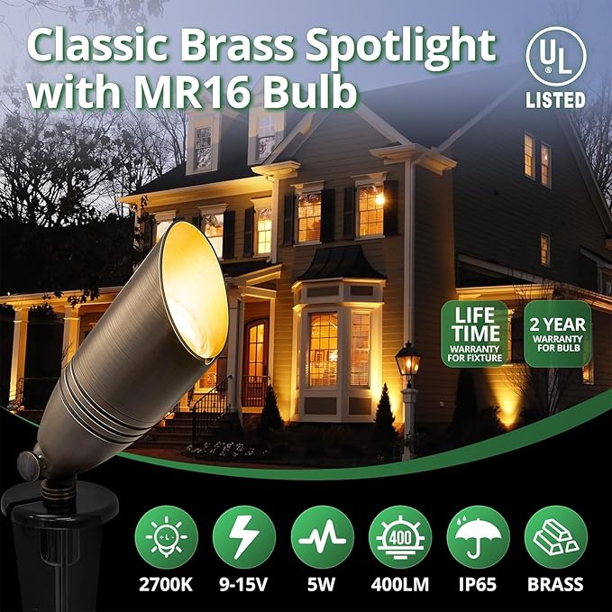 GKOLED UL Listed Solid Brass Landscape Spotlight Low Voltage Outdoor Directional Uplight with 5W MR16 LED Bulb &amp Large Rugged Slot Spike 12V AC/DC Garden Patio Spot Up Light (10 Pack)