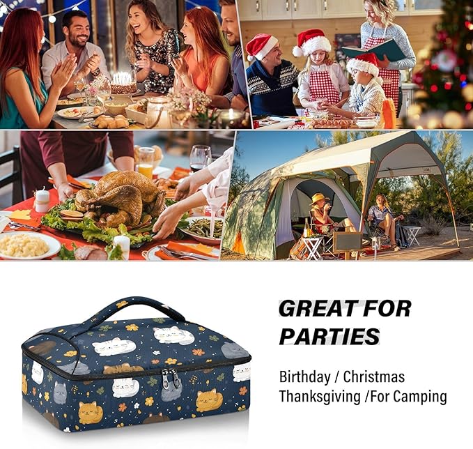 Casserole Carrier Pattern Cute Cartoon CatInsulated Casserole Carrier for Hot or Cold Food Thermal Lunch Tote for Potluck Parties Picnic Beach Fits 9 x 13 Inches Baking Dish
