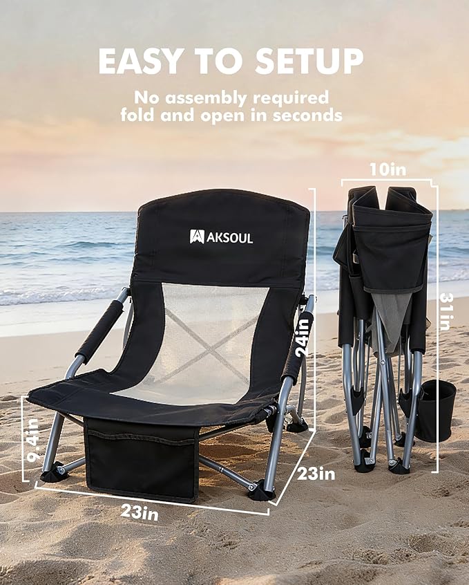 AKSOUL Folding Beach Chair for Adults: Low/High Back Chairs with Carry Bag - Extra Wide Seat Chair with Comfortable Pillow &amp Storage Pocket (1 Pack &amp 2 Pack Blue)