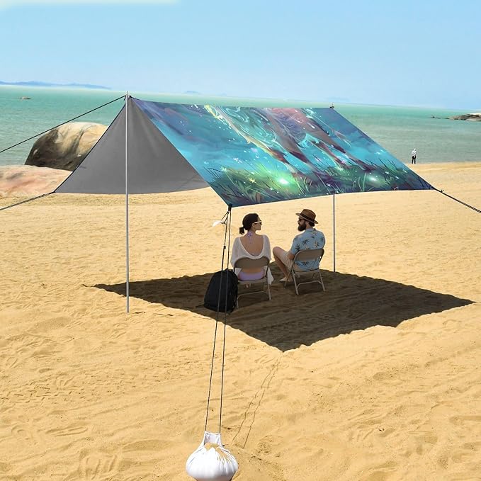 ALAZA Cow Butterfly Starry Beach Tent Sun Shelter UPF50+ Protection Beach Shade Canopy w/ 4 Sandbags for Outdoor Camping Fishing Backyard Fun Picnic 10x9 ft