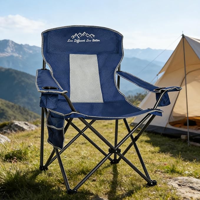 2 Pack Folding Camping Chairs with High Back Comfortable Large Outdoor Chairs for Adults 400lb Capacity Heavy Duty Breathable Mesh Portable Chair with Storage Bag for Camping Fishing Blue
