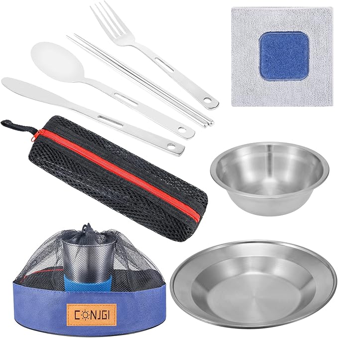Outdoor Camping Mess Kit - 1 to 2 persons Camping Dishes Includes Cups Bowls Dishes Knives Forks Spoons Etc Camping Dinnerware Set with Mesh Bag is Easy to Carry Camping Tableware Set