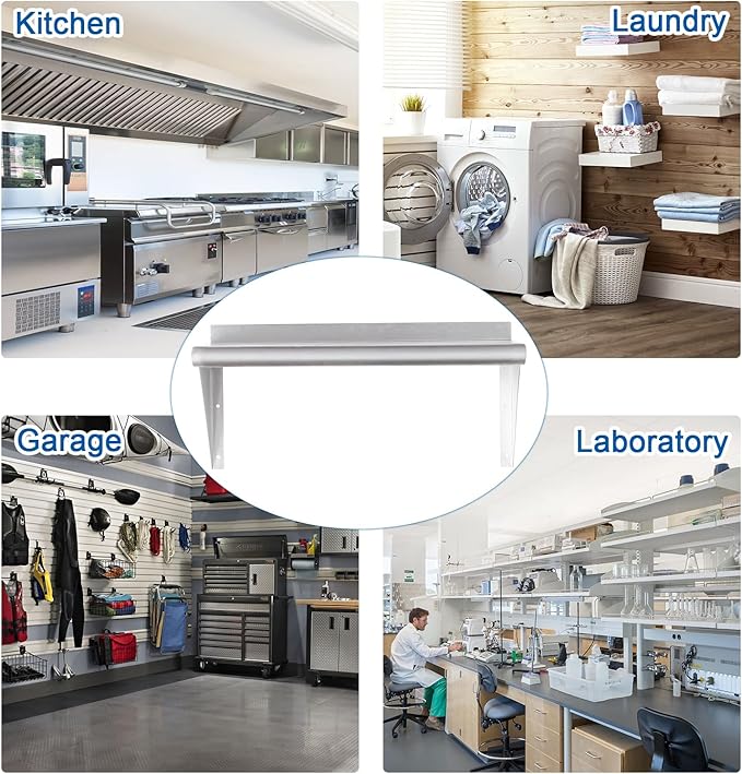 HARDURA Stainless Steel Shelf 14 x 36 275lb Commercial Shelves Wall Mount Metal Shelving with Backsplash and Brackets for Kitchen Restaurant Laundry Room and Home