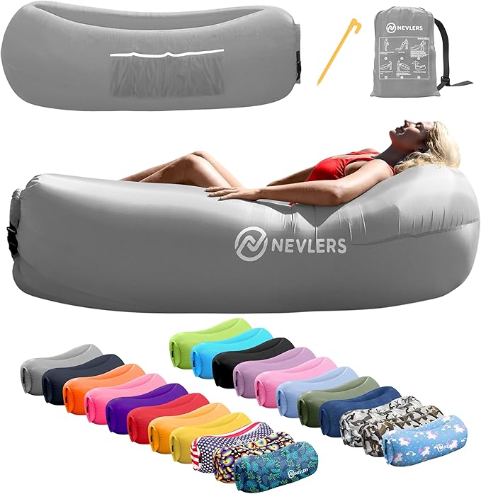Nevlers Gray Inflatable Lounger | 210T Polyester Inflatable Chair | No-Pump Blow Up Couch | Air Sofa w/ 450lbs. Capacity Pockets &amp Matching Bag | Use as Beach Chair Inflatable Couch for Adults &a