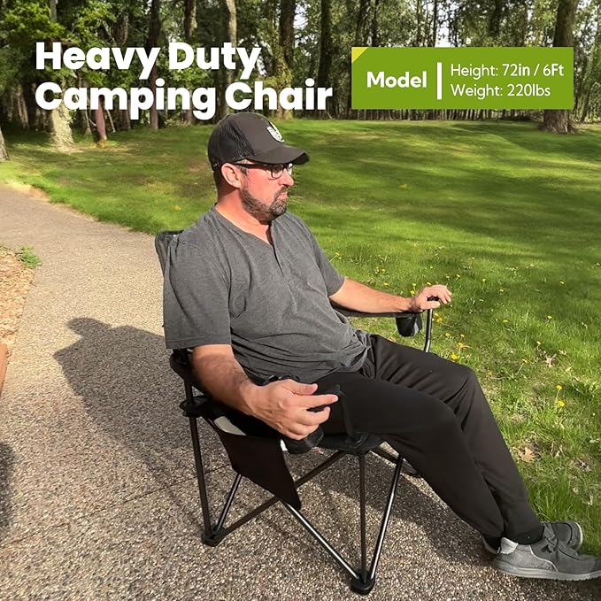 Outdoor Large Camping Chairs for Adults Heavy Duty Camp Chair Support 800lbs King Kong Folding Chairs with Padded and Pocket for Outside Sports Lawn Built Durable and Reliable Black
