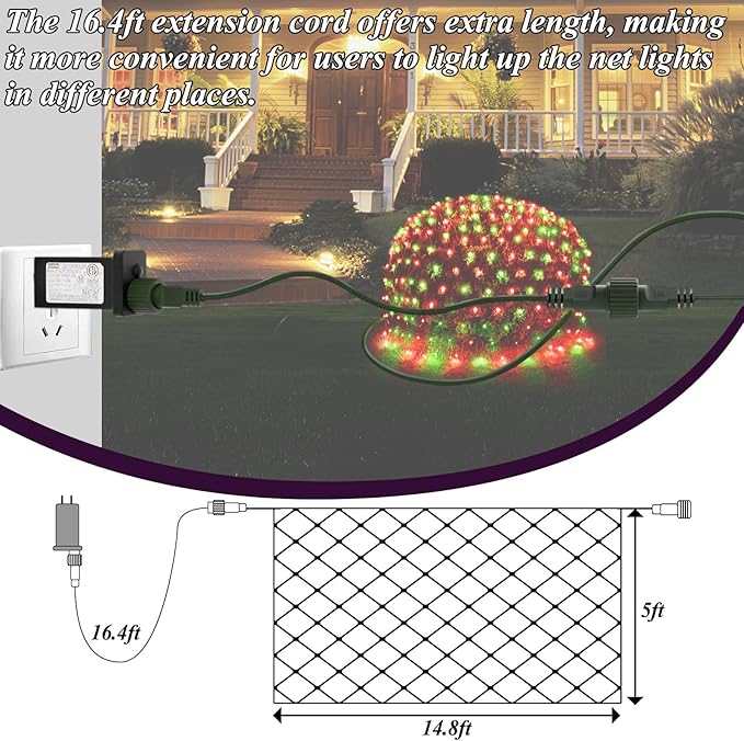 Lovelite 300LED Christmas Net Lights 14.8ft x 5ft Mesh Lights Outdoor Green Wire 8 Modes Timer Waterproof Connectable String Lights for Bushes Xmas Tree Garden Holiday Party Decor - Red Green