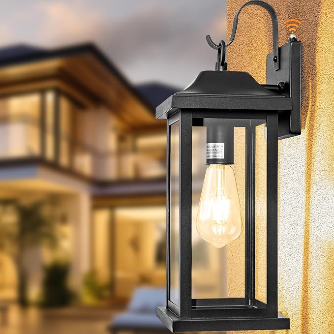 Dusk to Dawn Large Outdoor Wall Light 17 Inch Exterior Light Fixture Porch Light with Tempered Clear Glass IP65 Waterproof Anti-Rust Outside Wall Sconce Matte Black Wall Lantern 1-Pack