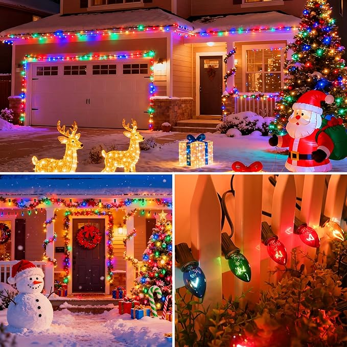 25FT C7 Christmas Lights Outdoor Clear Multicolor Christmas Lights with 27 Clear Colorful Bulbs (2 Spare) Hanging Vintage Christmas Light for Christmass Day Prom Party Wedding Decor Green Wire