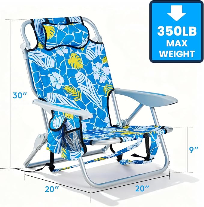 2 Pack Lightweight Portable Camping Beach Chair for Adult Outdoor Lay Flat Folding Beach Chairs with 5 Positions Backpack Beach Chair with Towel Bar Zipper Pouch Cup Holder Hawaiian Style