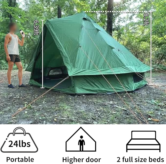 DANCHEL OUTDOOR B1 Portable Yurt with Footprint Waterproof 4-6 Persom Family Camping Bell Tent 300D Oxford Nylon UPF50+ Sun Protection Green 13ft/4m