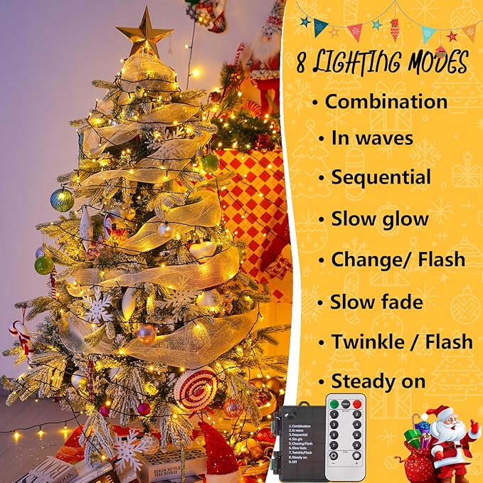 YEGUO Christmas Lights Battery Operated 2 Pack Each 33ft 100 LED Warm White String Lights Outdoor Waterproof 8 Modes Green Wire Fairy Light Indoor with Remote