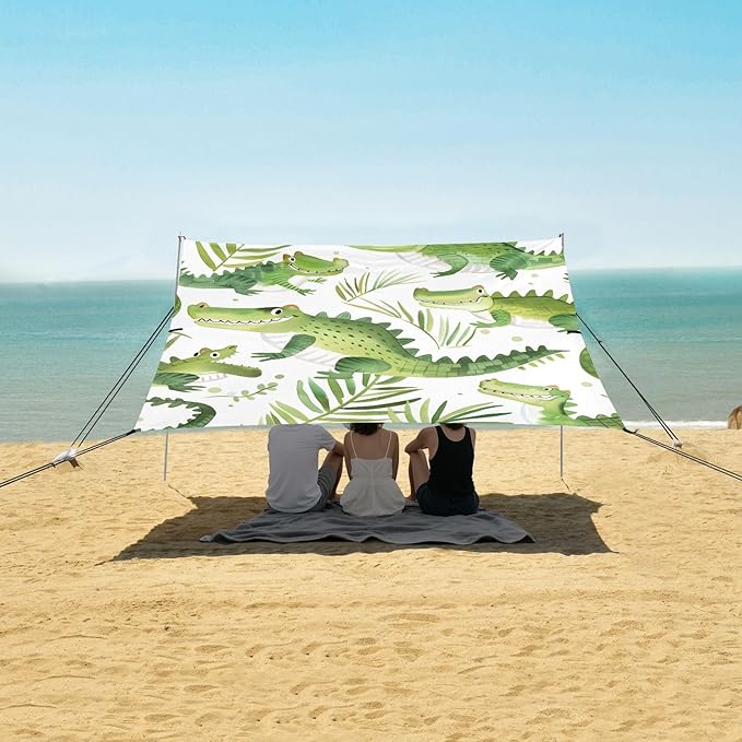 Cartoon Crocodiles Pattern Camping Sun Shelter Beach Tent Portable Beach Sun Shade Outdoor Canopy for Camping Trips Fishing Picnic