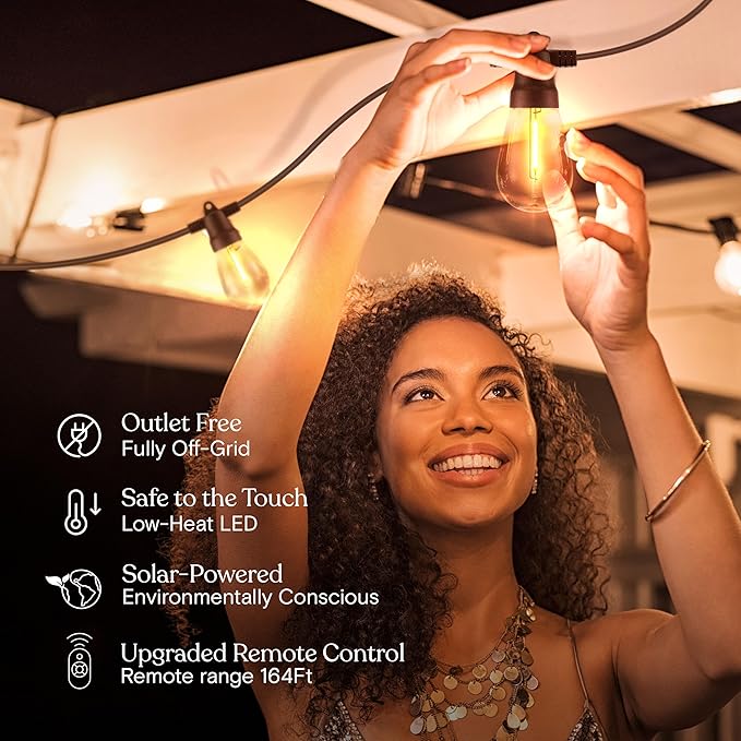 Brightech Ambience Pro Super Bright Solar - 27Ft Remote Control Outdoor String Lights with 12 Shatterproof S14 Bulbs Commercial Grade LED Waterproof Patio Lights 4W Soft White for Patios Gardens