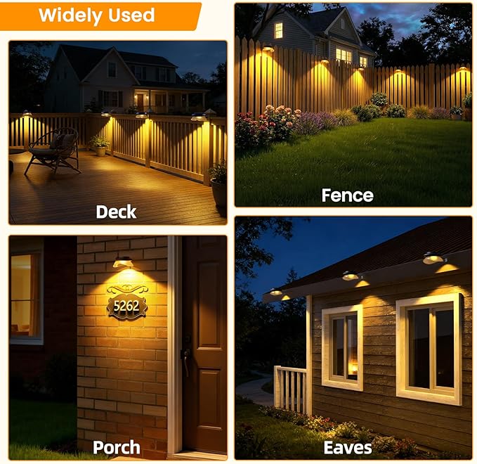 ROSHWEY Outdoor Fence Lights 6 Pack Solar Gutter Lights with 9 LED Waterproof for Eaves Garden Garage Porch Stairs Wall 2 Installations Methods Black Lampshade (Warm White)