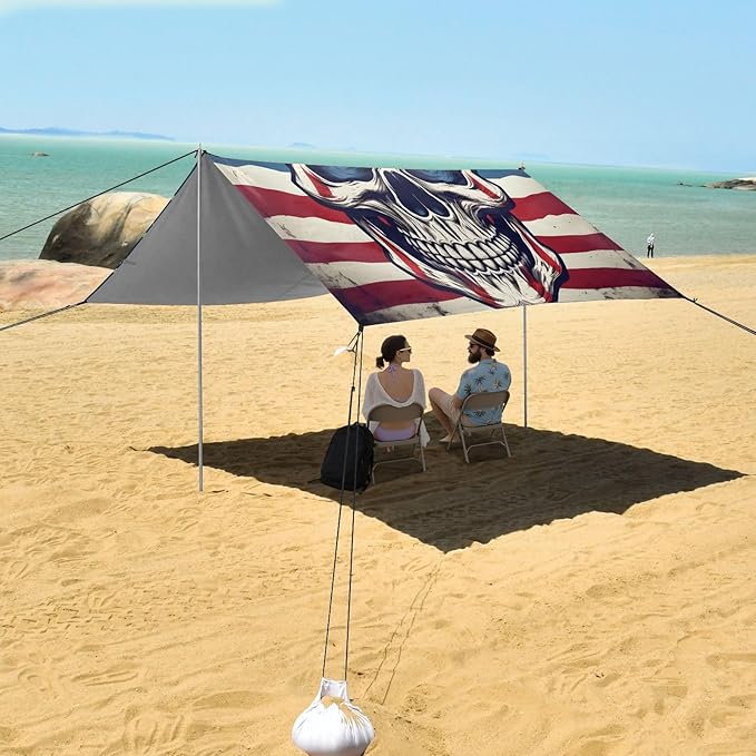 ALAZA American Flag Skull Beach Tent Sun Shelter UPF50+ Protection Beach Shade Canopy w/ 4 Sandbags for Outdoor Camping Fishing Backyard Fun Picnic 10x9 ft