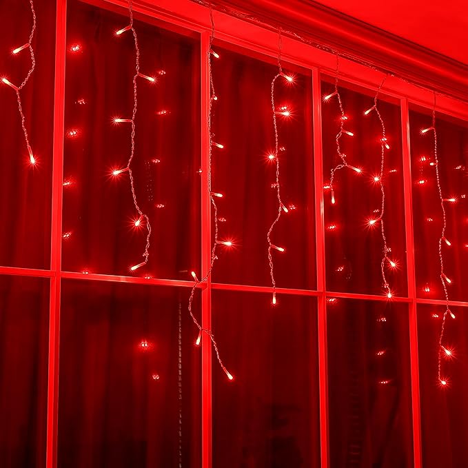 Hopolon 33FT 360L LED Icicle String Lights - Outdoor Waterproof 8 Modes With 60 Drops - Curtain Lights for Indoor/Outdoor Decorations (Red)