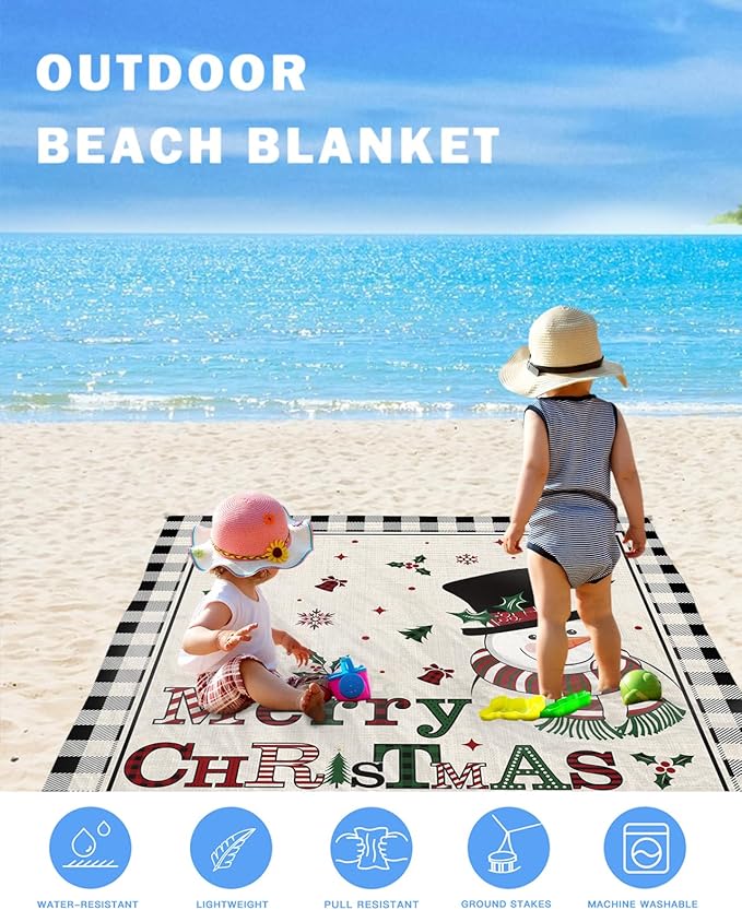 Beach Blanket Waterproof Sandproof OversizedSnowman Merry Christmas Holly Berry Beach Mat with Corner Stakes Sand PocketsWinter Snow Vintage Linen Outdoor Picnic Mat for Travel Camping 95x80In