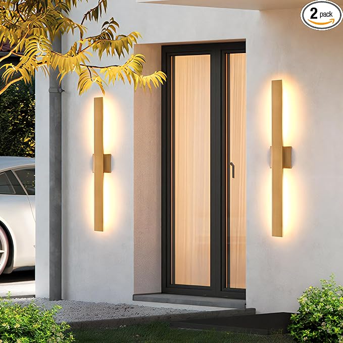 Gold Long LED Porch Lights 34 in Modern Exterior Lighting Fixtures Waterproof Aluminum &amp Glass Outdoor Wall Lights 3000K Warm Light Outside Lights for House Garage Front Door Patio2 Pack