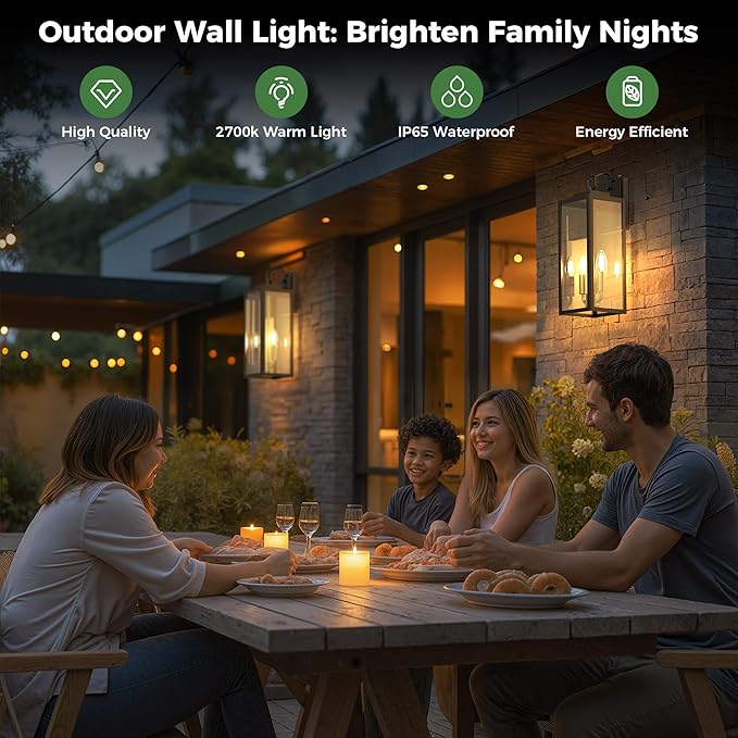 DORESshop 18 Dusk to Dawn Outdoor Wall Lights 2-Light Black &amp Gold Outdoor Wall Sconce Lantern with Clear Glass Tall Transitional Exterior Light Fixtures for Porch Garage ETL Listed 2 Pack