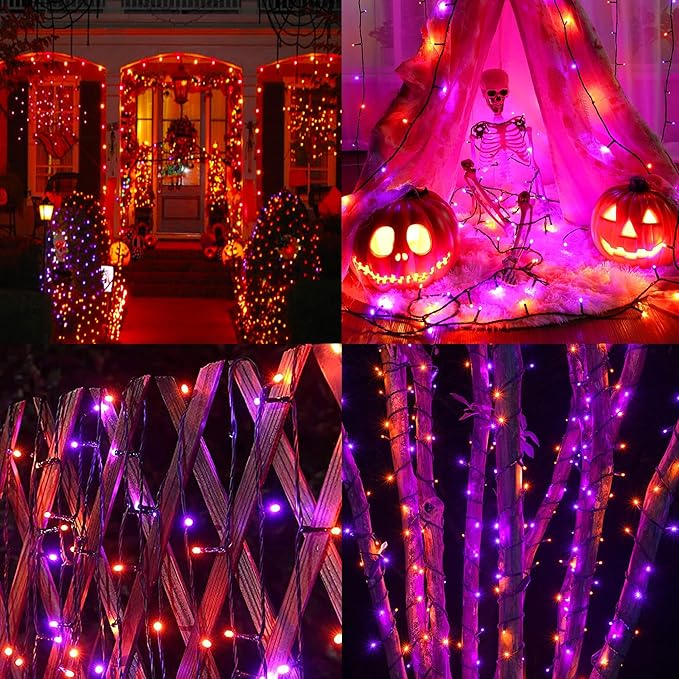 weillsnow 164FT 500 LED Halloween Lights 8 Modes Waterproof Plug in String Lights for Halloween Indoor Outdoor Yard Party Wedding Garden Home Decorations (Purple &amp Orange)
