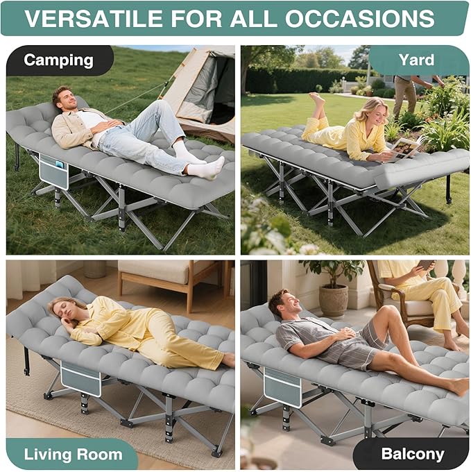 ZENPETIO Camping Cot for Adults - Heavy-Duty Cot Bed with Mattress Portable Sleeping Cots for Outdoor Indoor 1200D Oxford Folding Cots for Home Travel Max Load 500LBS Fits People up to 6'3 Gray