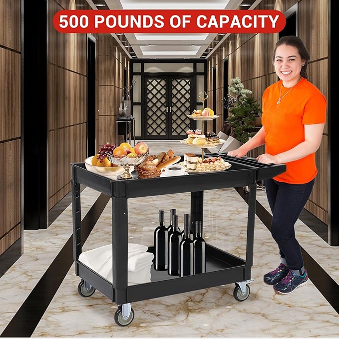 Utility Service Cart with Wheels and Two Trays Service Cart 2-Shelf 500lbs Rolling Utility Cart for Warehouse/Garage/Cleaning/Manufacturing 2 Tier Heavy Duty Uline Tool Cart 45X25 Black