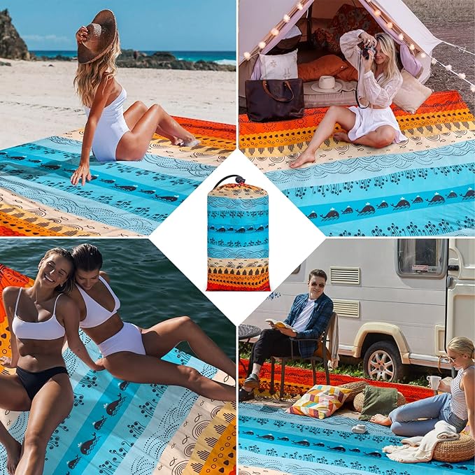 BEW Beach Blanket Waterproof Sandproof Outdoor Picnic Blankets Sand Free for 4 Adults Lightweight Quick Drying Beach Mat for Beach Travel Camping Hiking Boho Beach Essentials Accessories