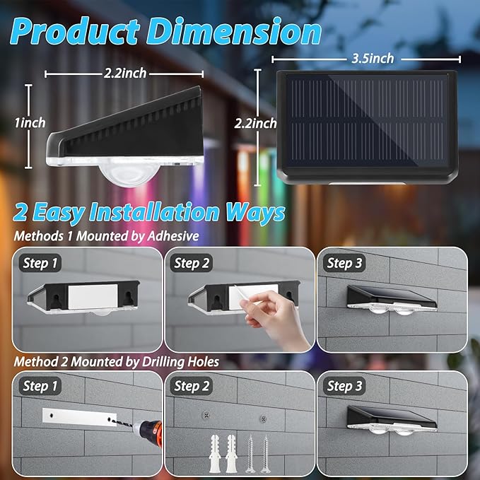 Solar Fence Lights 12-Pack Waterproof Solar Powered Outdoor Deck Light with Warm White &amp 6 RGB Colors &amp 2 Lighting Modes LED Solar Step Stairs Light for Deck Fence Outside Patio Garden