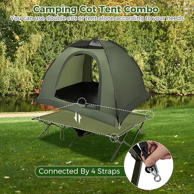 Tangkula 2 Person Tent Cot Portable Off Ground Elevated Camping Tent with Cot Removable Rainfly Wheeled Bag Stakes &amp Wind Ropes for Picnic Hiking Travel Beach
