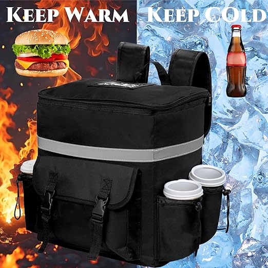 Food Delivery Backpack Insulated Reusable Pizza Delivery Bag with 4 Cup Holder Waterproof Thermal Catering Bags Reflective Strip for Delivery Bike Hot Cold Food Camping