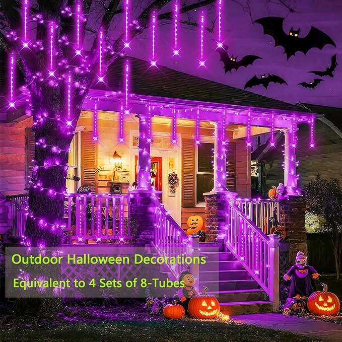Christmas Decoration Outdoors - 32 Tubes Meteor Shower Lights Waterproof Falling Rain Lights for Halloween Decor Xmas Tree Garden Yard Wedding Party Purple