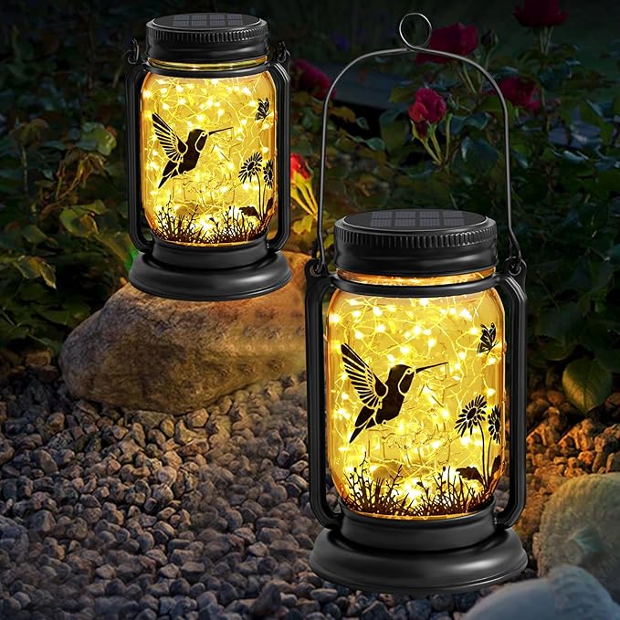 YJFWAL Hummingbird Solar Lanterns Outdoor Waterproof - Birthday Mothers Day Gifts for Women Mom Grandma Mason Jar Garden Lights for Patio Yard Porch Balcony Garden Decor