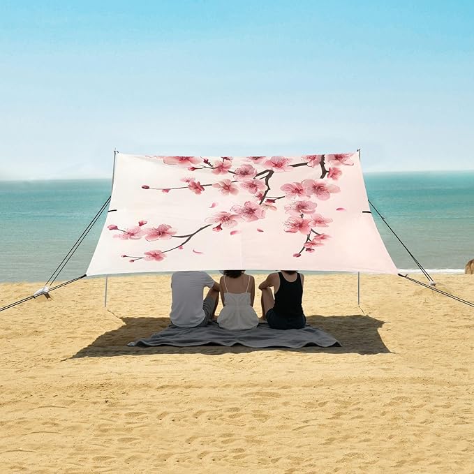 ALAZA Cherry Blossom Pink Flower Beach Tent Sun Shelter UPF50+ Protection Beach Shade Canopy w/ 4 Sandbags for Outdoor Camping Fishing Backyard Fun Picnic 10x9 ft