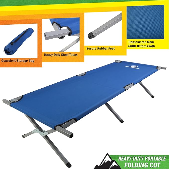 Camping Cot - Portable Folding Camp Bed - 600D Sleeping Cot for Adults with Steel Frame by Wakeman Outdoors (Blue)