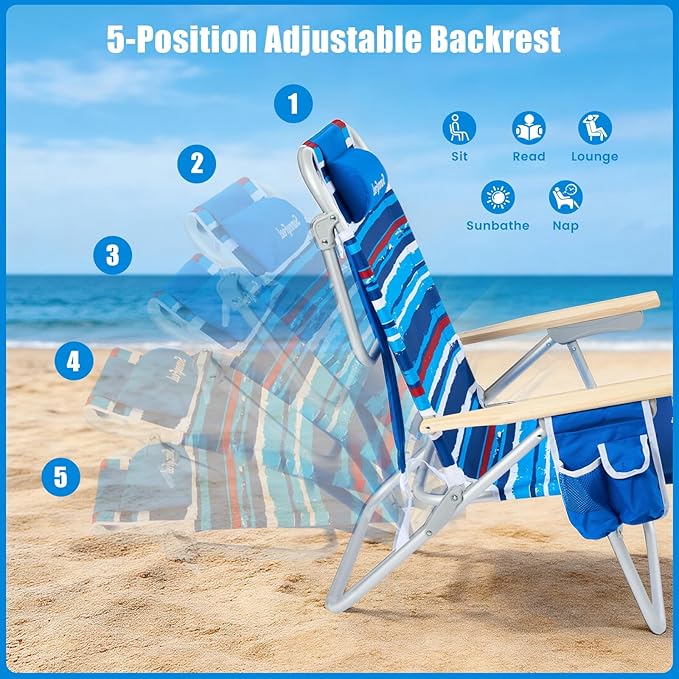 SUNNYFEEL Tall Beach Chair Reclining Beach Chair with 5-Position Portable Camping Chair for Adults with Wood Armrest Lightweight Camping Chair 300 lbs Heavy Duty Blue Stripe 2 Pack
