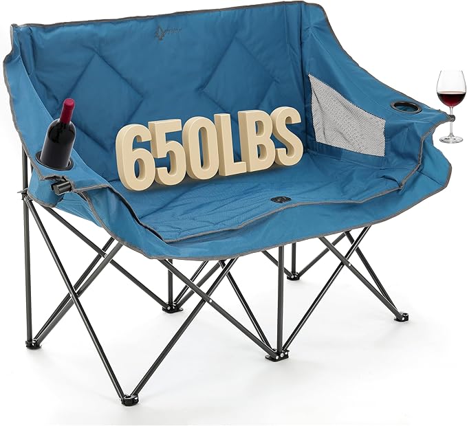 ARROWHEAD OUTDOOR Portable Folding Double Duo Camping Chair Loveseat w/ 2 Cup &amp Wine Glass Holder Heavy-Duty Carrying Bag Padded Seats &amp Armrests Supports up to 500lbs USA-Based Support