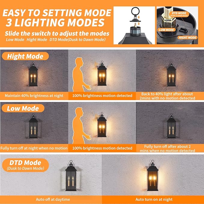 Dusk to Dawn Motion Sensor Outdoor Wall Lantern 2-Light21.1 Large Exterior Wall Sconce LightingModern Black Wall Light Fixture with Glass Waterproof Exterior Lamp for Patio House Porch Garage