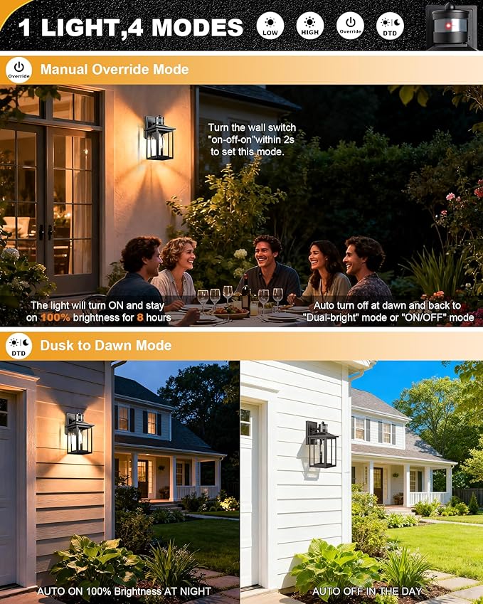 LTBLIGHT Motion Sensor Outdoor Wall Light 4-Modes Black Dusk to Dawn Lighting Fixture Waterproof Exterior Wall Mount Porch Lights for House Entry Backyard Patio 120V